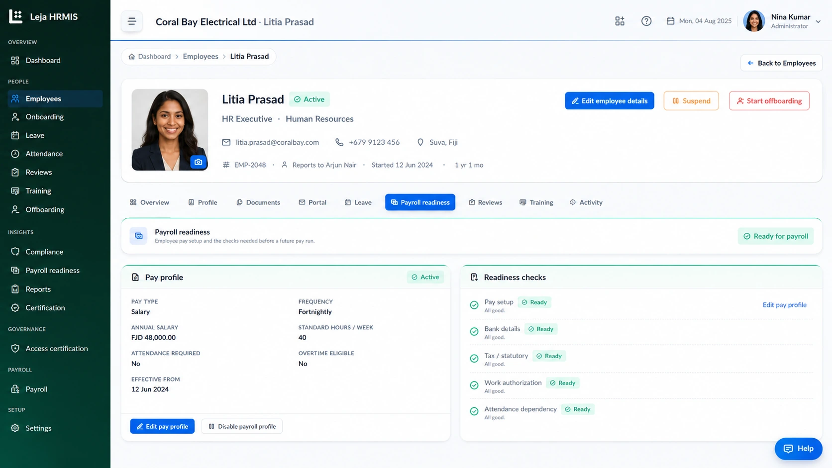 The Leja HRMIS employee record for Litia Prasad, showing profile, contact and employment details alongside her pay profile and payroll readiness checks.